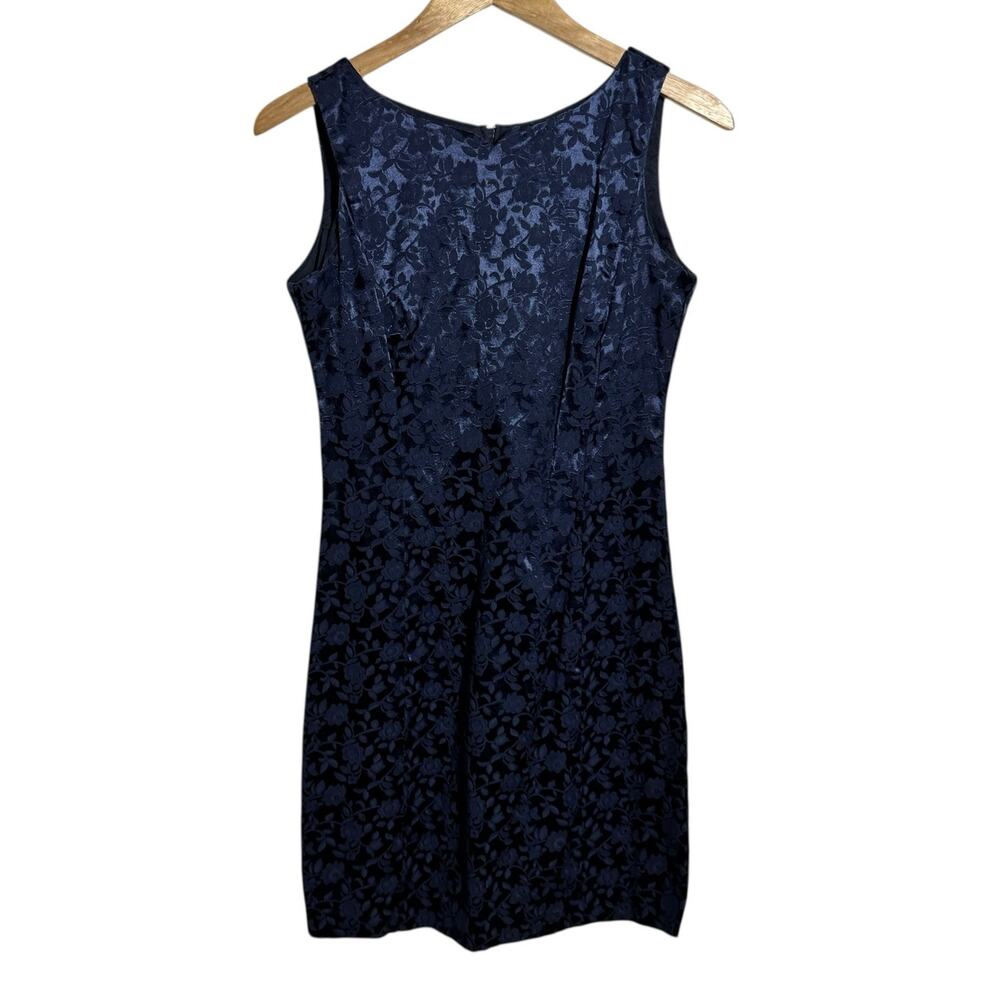 90s Vintage Jacquard Brocade Mini Dress Women 5/6 Blue Floral Dark Romantic